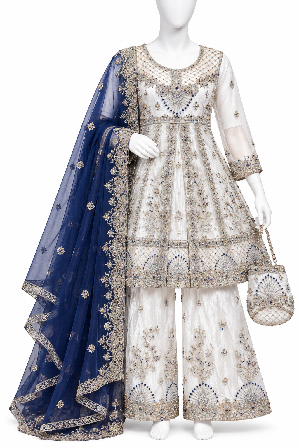 Ivory White & Royal Blue Heavy Embroidered Formal Dress