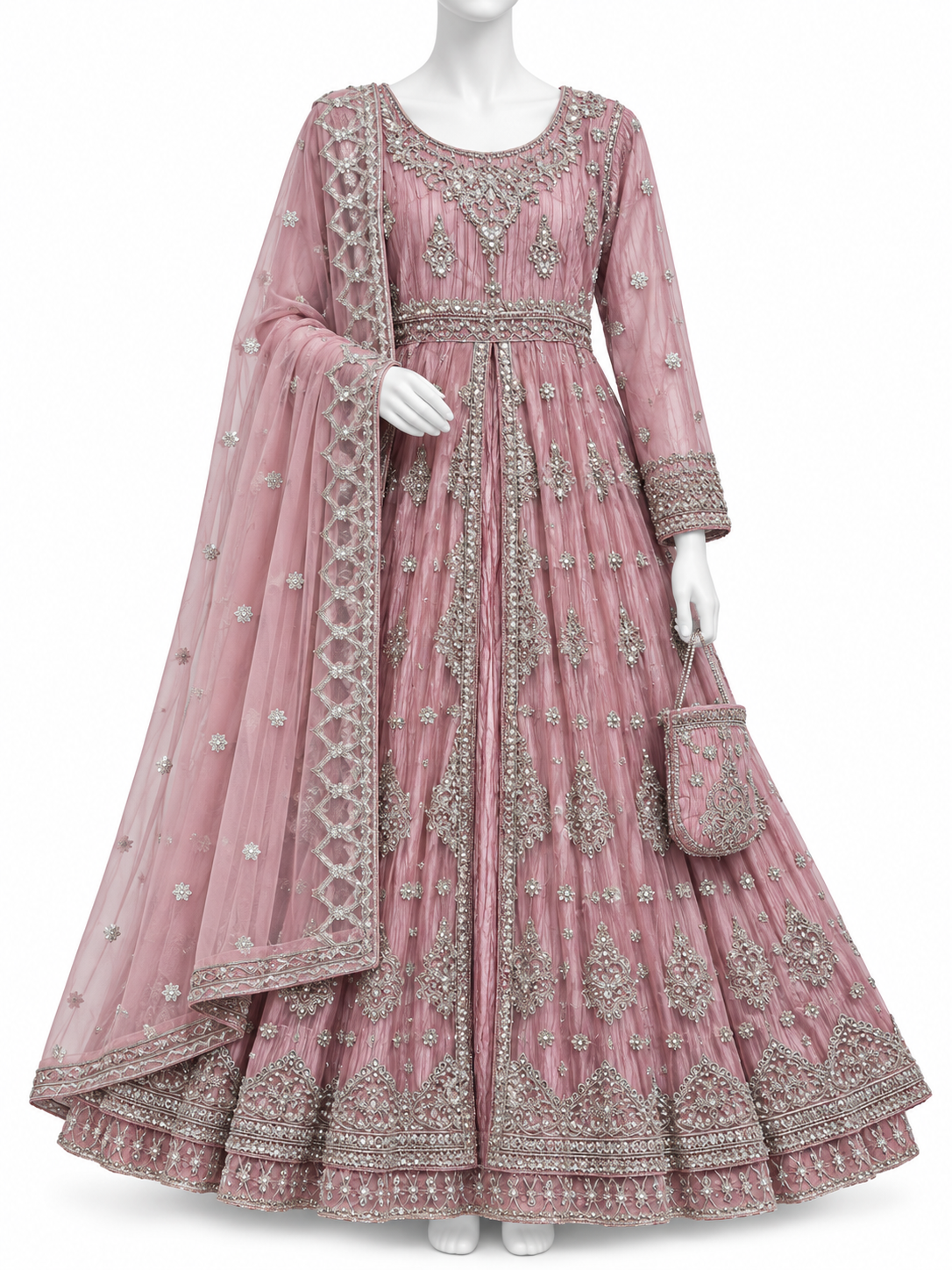 Elegant Dusty Rose Pink Embroidered Maxi