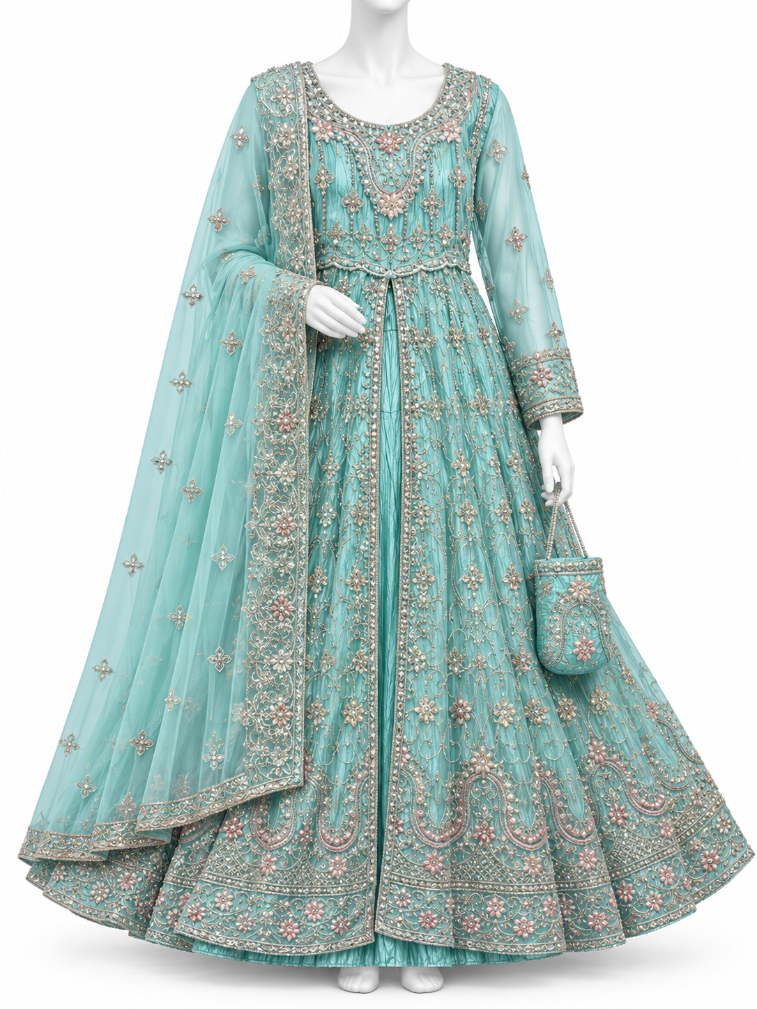 Elegant Turquoise Blue Embroidered Maxi