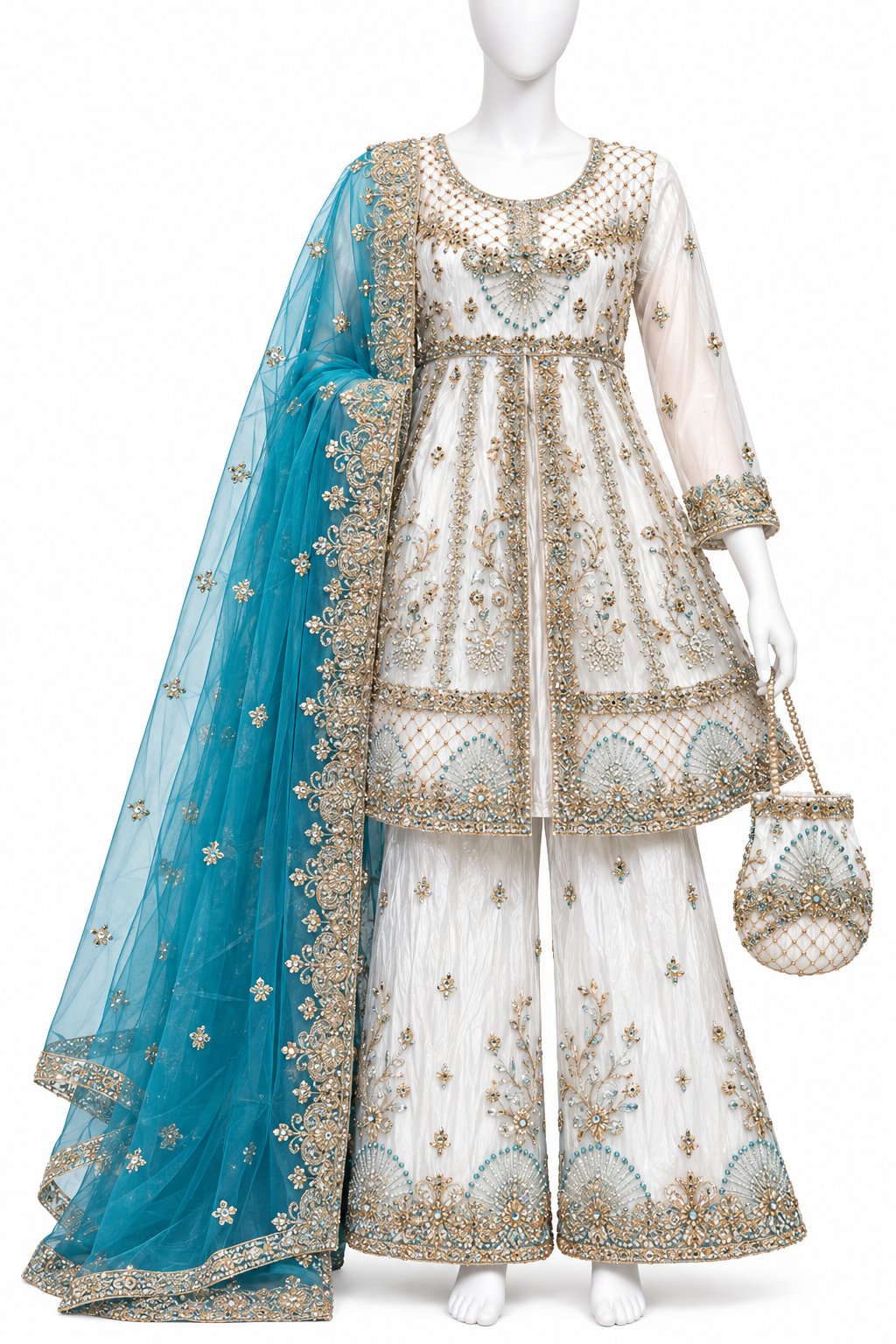Ivory White & Teal Blue Heavy Embroidered Formal