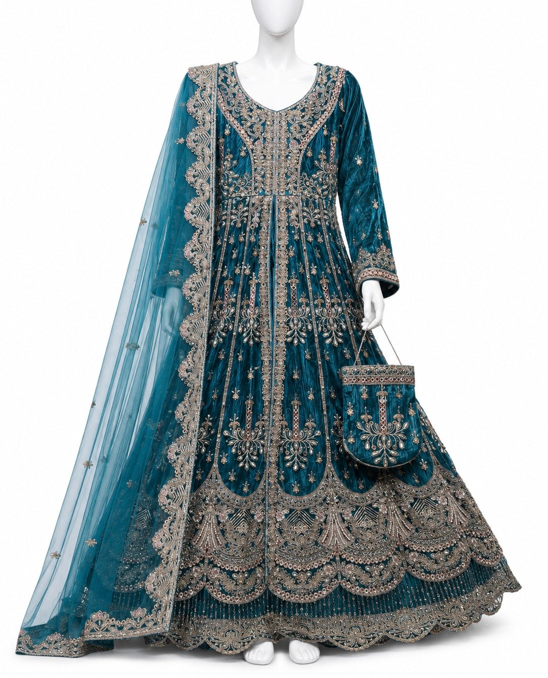 Deep Teal Blue Luxury Embroidered Maxi Set