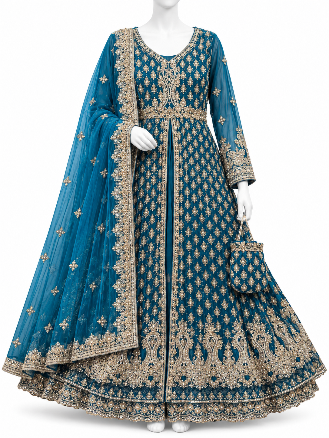 Royal Teal Blue Embroidered Maxi