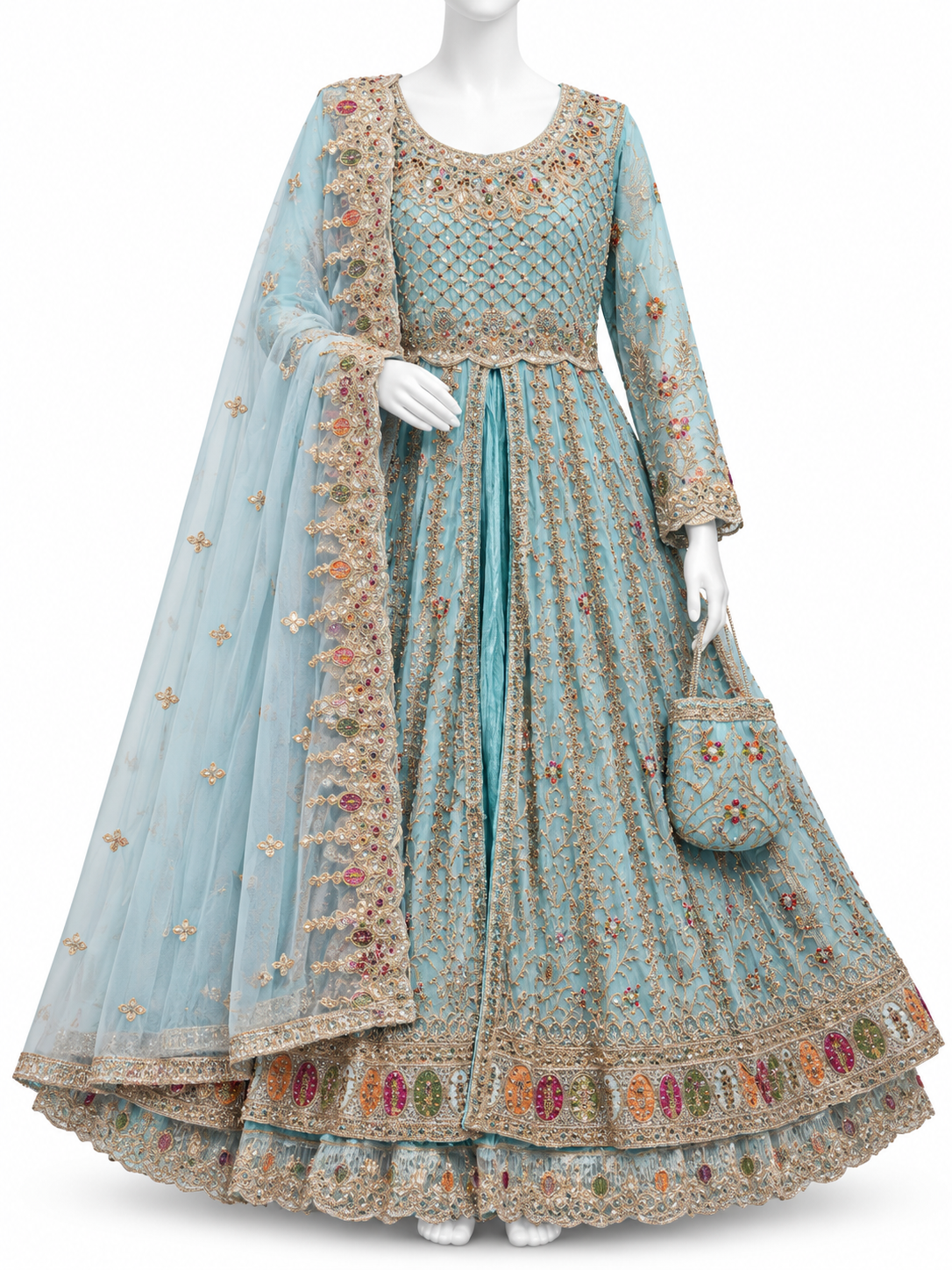 Elegant Sky Blue Multicolor Embroidered Maxi