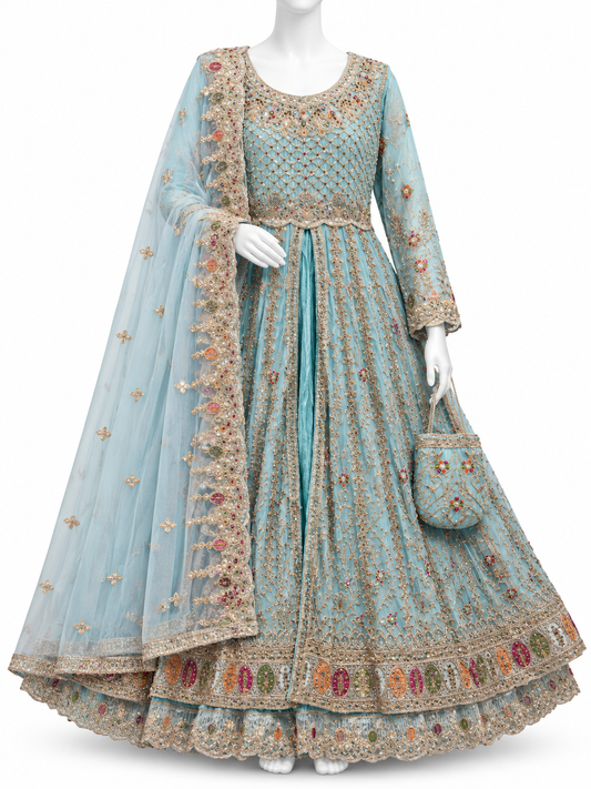 Elegant Sky Blue Multicolor Embroidered Maxi