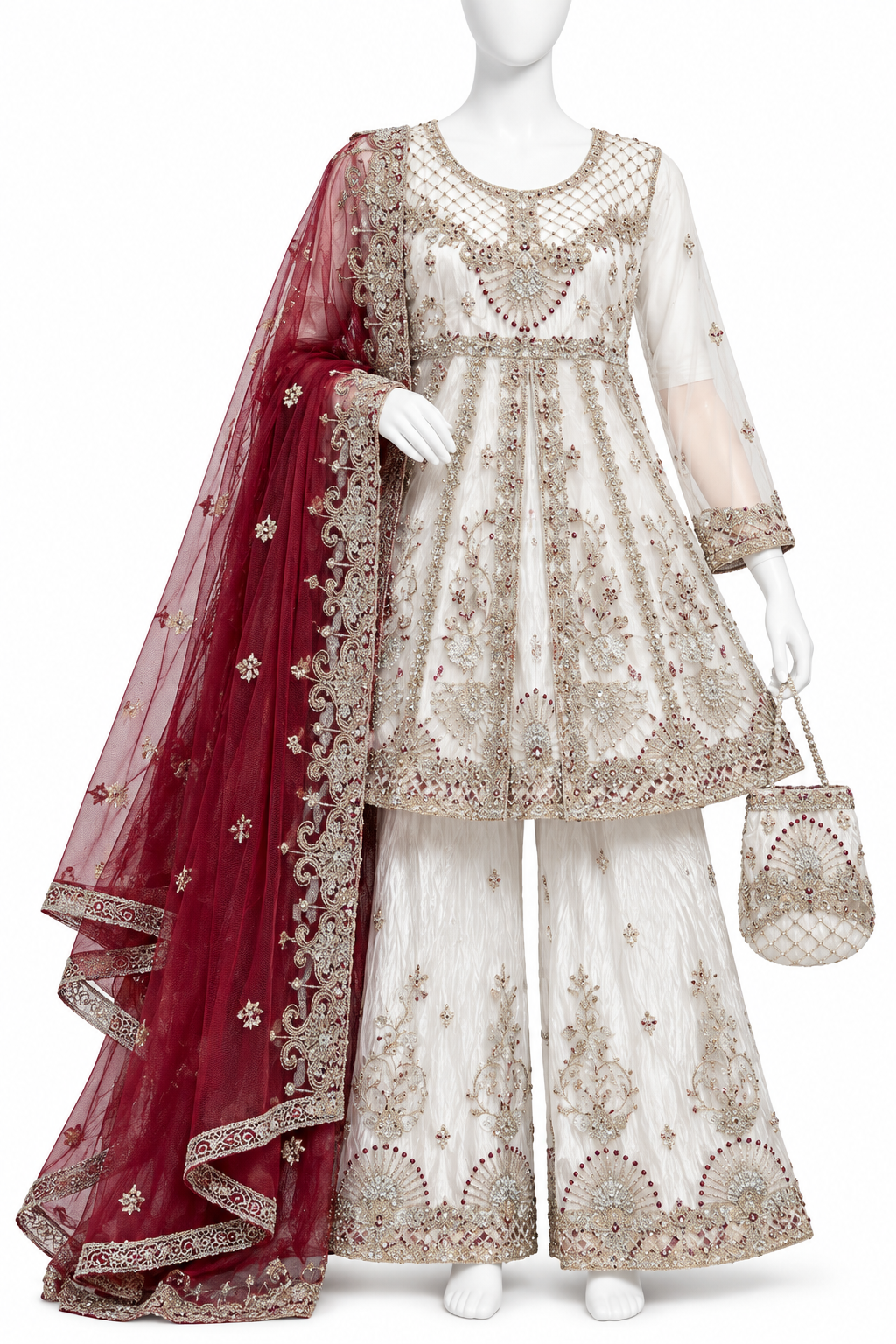 Ivory White & Maroon Heavy Embroidered Formal Dress