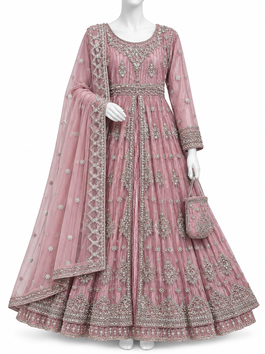 Elegant Dusty Rose Pink Embroidered Maxi