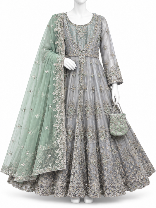Elegant Sage Grey Embroidered Maxi