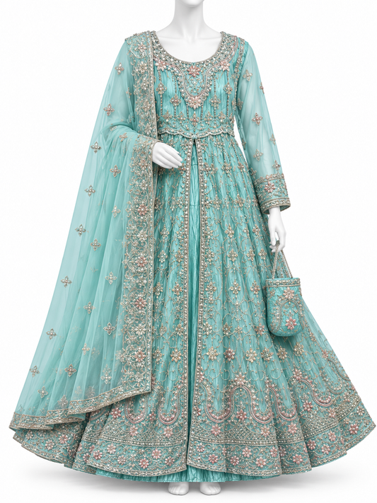 Elegant Turquoise Blue Embroidered Maxi