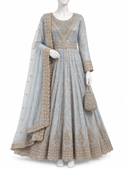 Elegant Ice Blue Embroidered Maxi