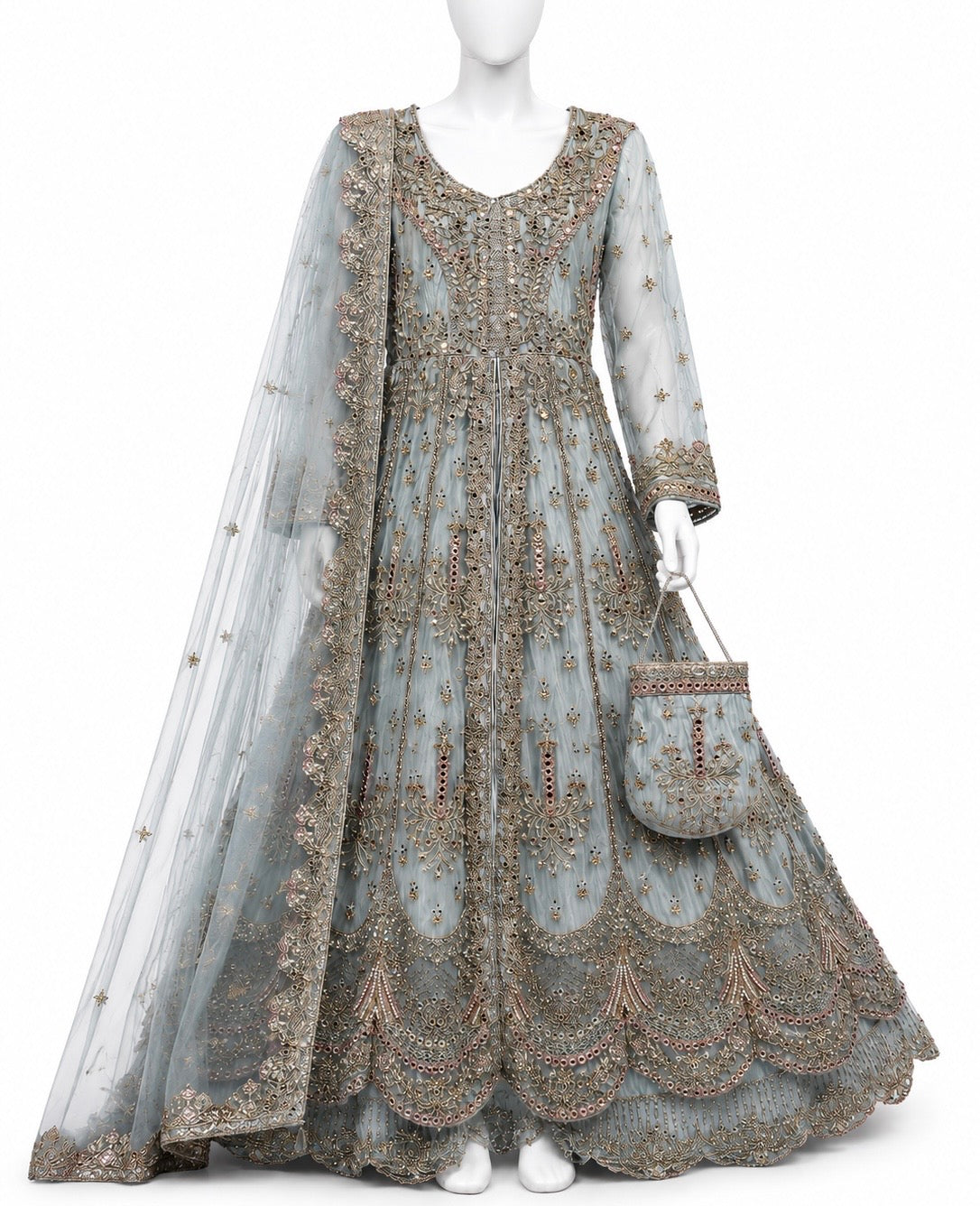 Silver Grey Luxury Embroidered Maxi Set