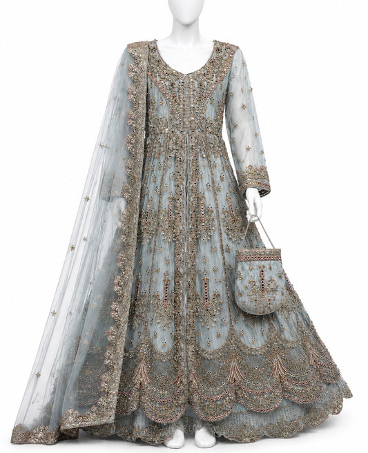 Silver Grey Luxury Embroidered Maxi Set