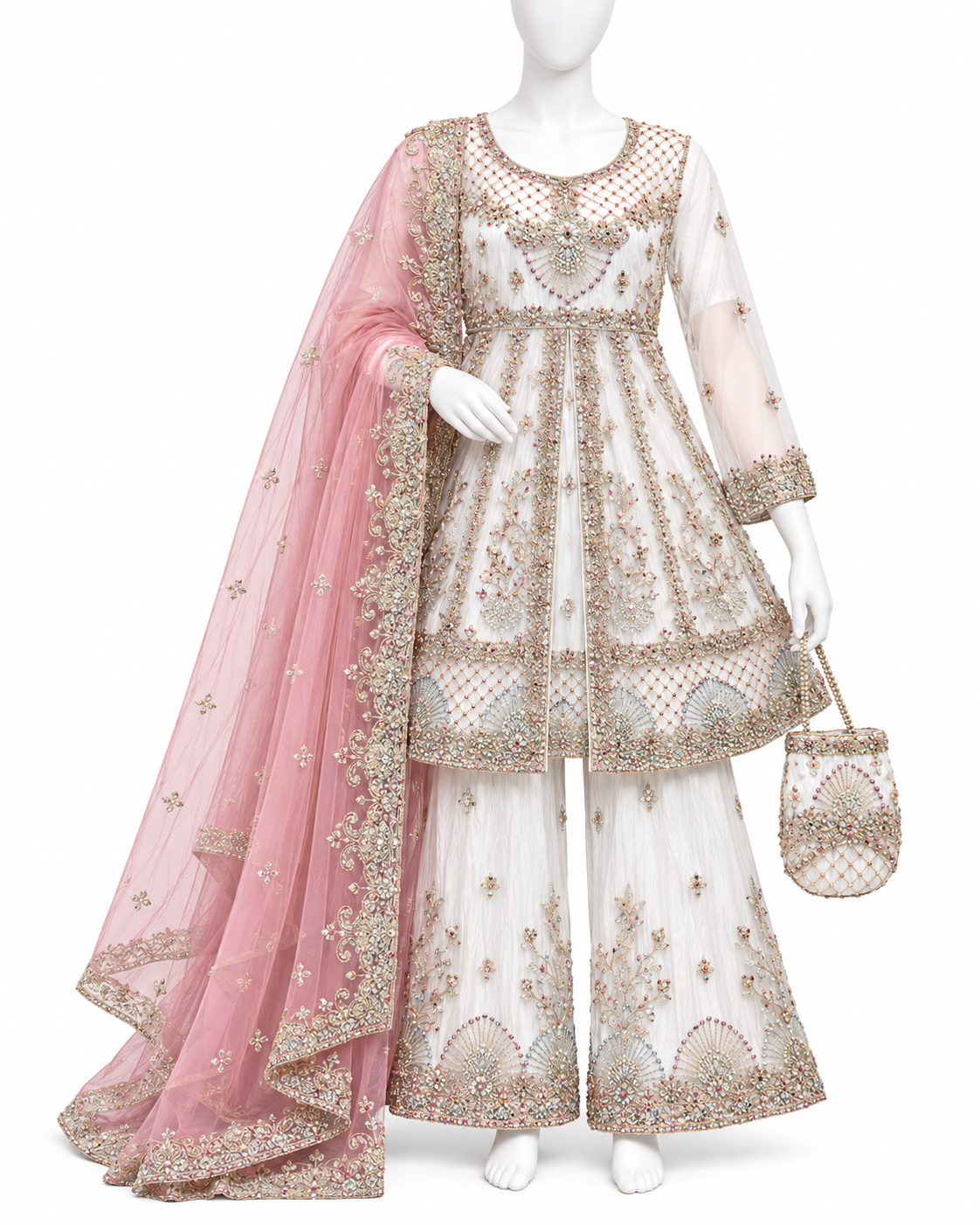 Ivory White & Dusty Pink Heavy Embroidered Formal Dress