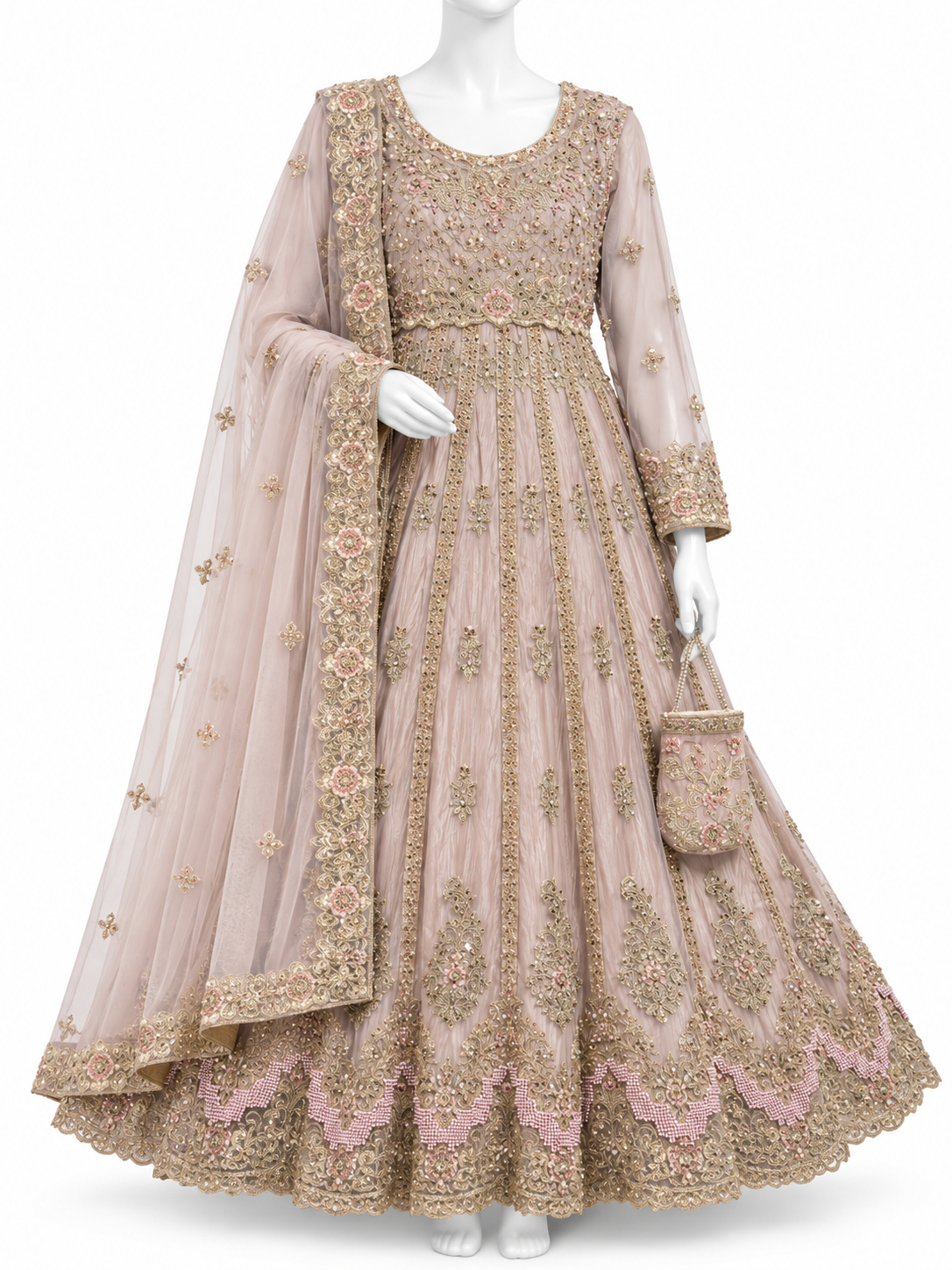 Elegant Dusty Rose & Gold Embroidered Maxi
