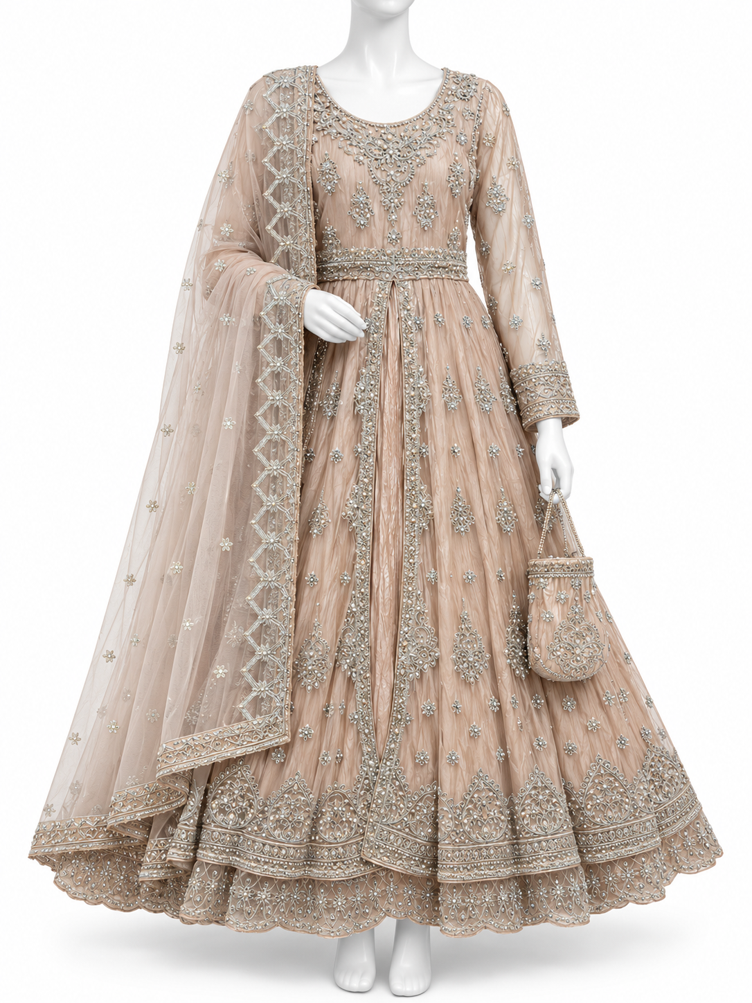 Elegant Champagne Beige Embroidered Maxi