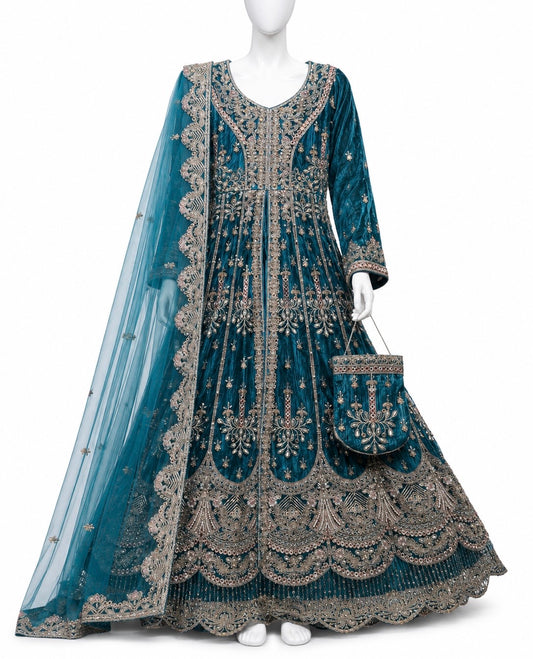 Deep Teal Blue Luxury Embroidered Maxi Set