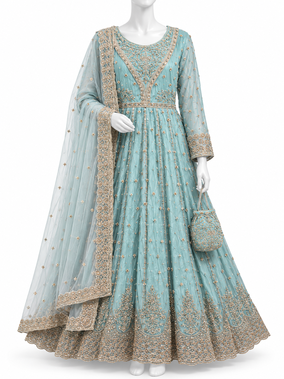 Elegant Aqua Blue Embroidered Maxi