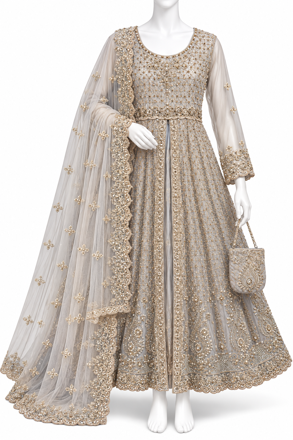 Pearl Grey Luxury Embroidered Formal Dress