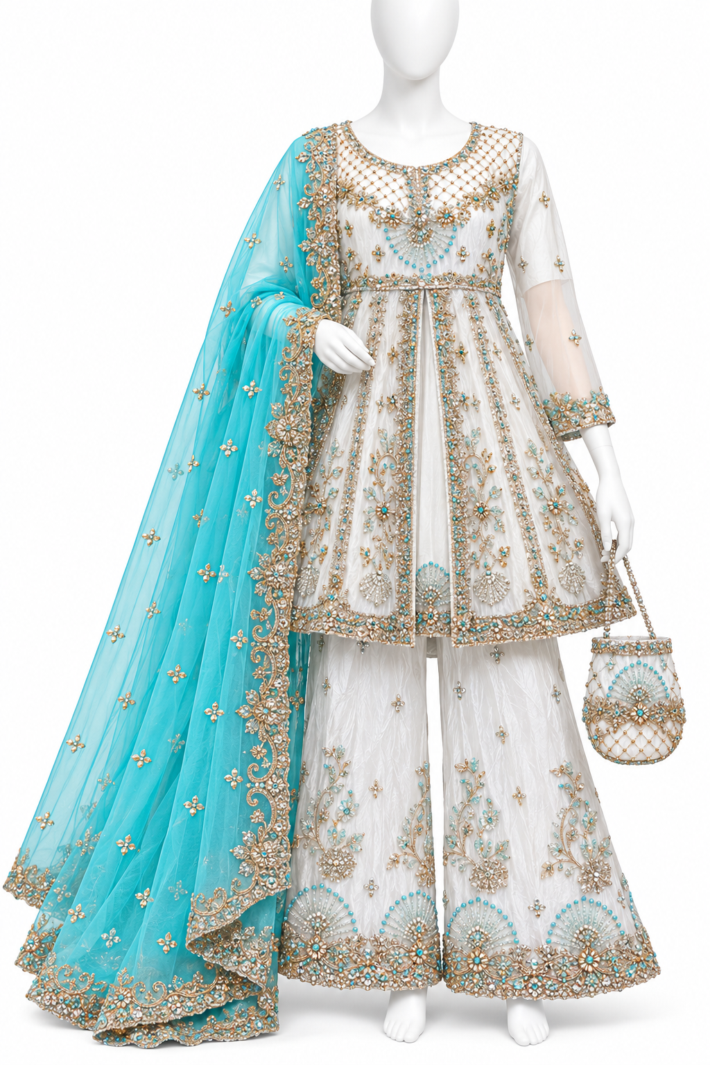 Ivory White & Turquoise Heavy Embroidered Formal Dress