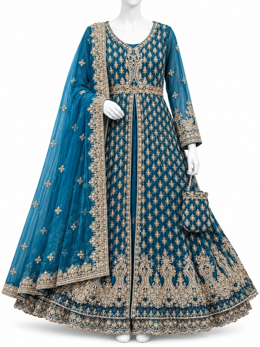 Royal Teal Blue Embroidered Maxi