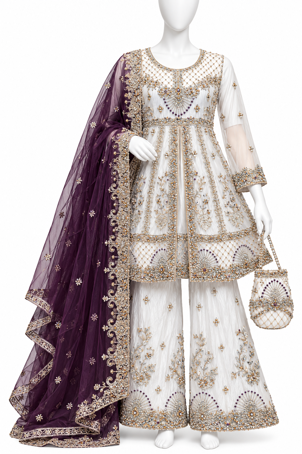 Ivory White & Deep Plum Heavy Embroidered Formal Dress
