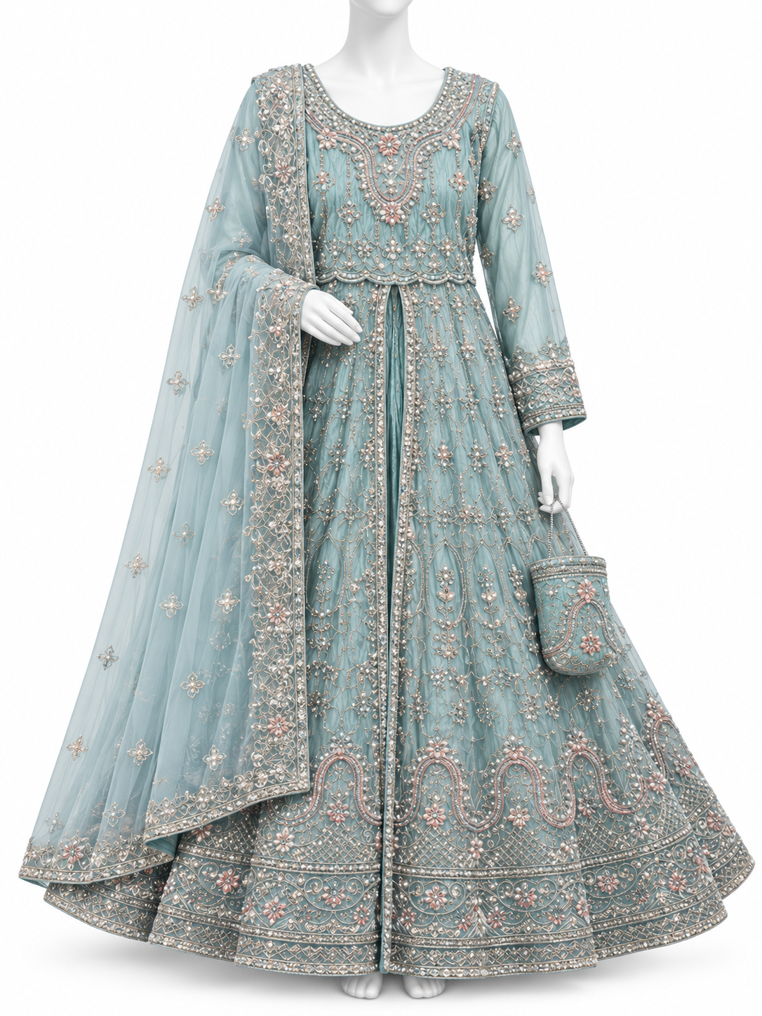 Elegant Powder Blue Embroidered Maxi